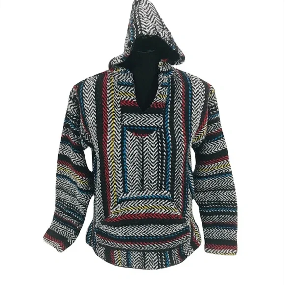 Baja Joe Striped Baja Hoodie Black White Blue Size Small - Picture 7 of 7